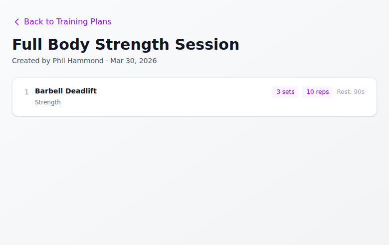 The member view of a training plan showing exercise details in a clean numbered list