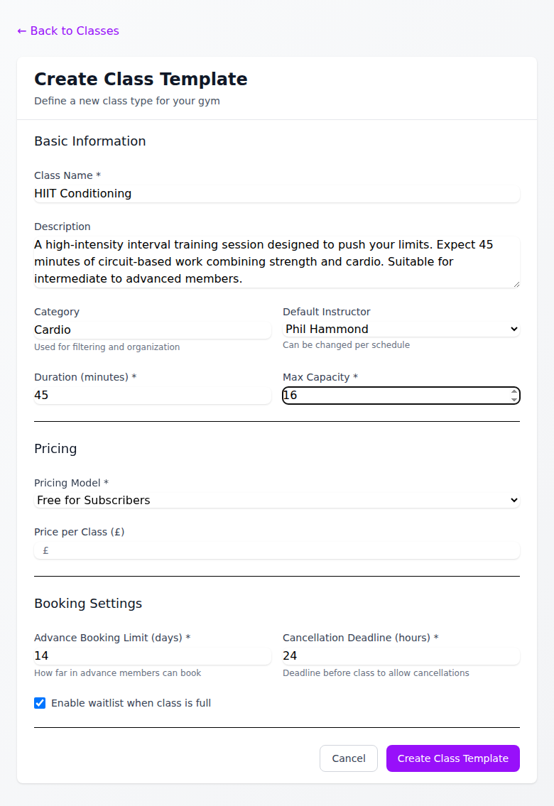 Creating a HIIT Conditioning class template in ClearGym, showing pricing, capacity, and booking settings